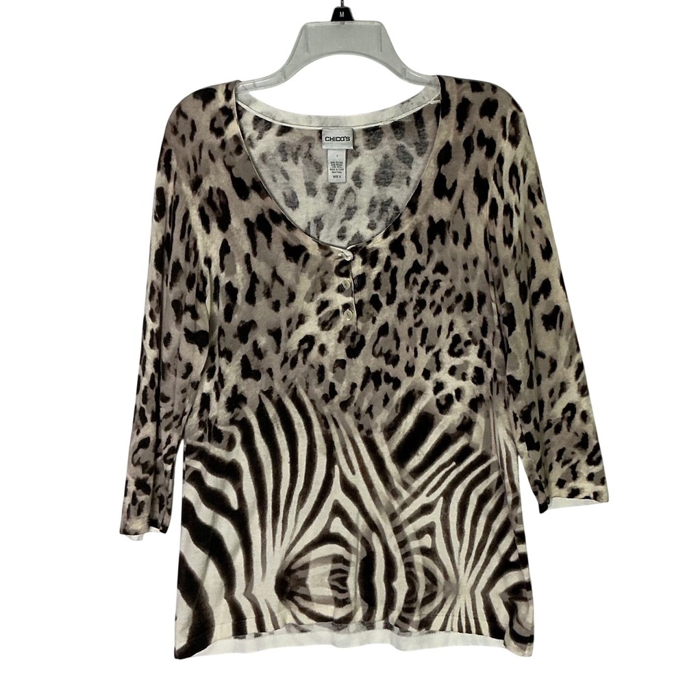 Chicos‎ Mixed Animal Print V Neck Button Front 3/4 Sleeve Top Size 2 3/4 sleeves